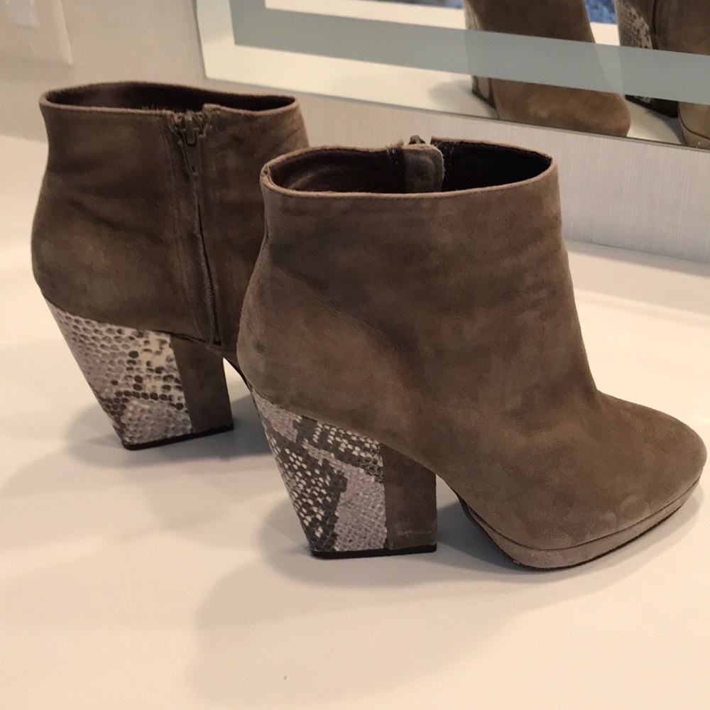 Suede ankle bootie with animal skin heel
